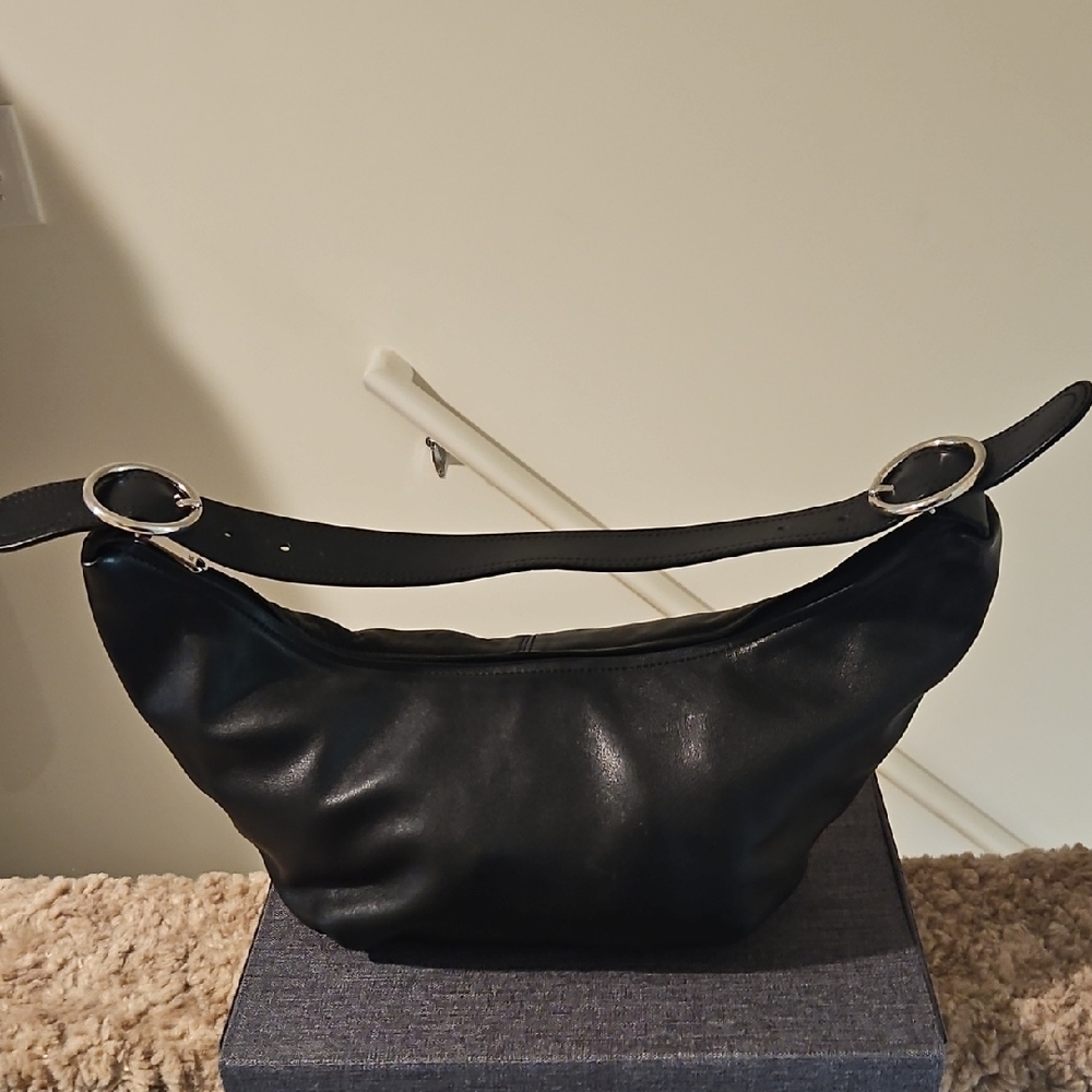 Classic Black Leather Hobo Shoulder Bag